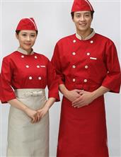Đồng phục bếp nam nữ màu đỏ viền kem